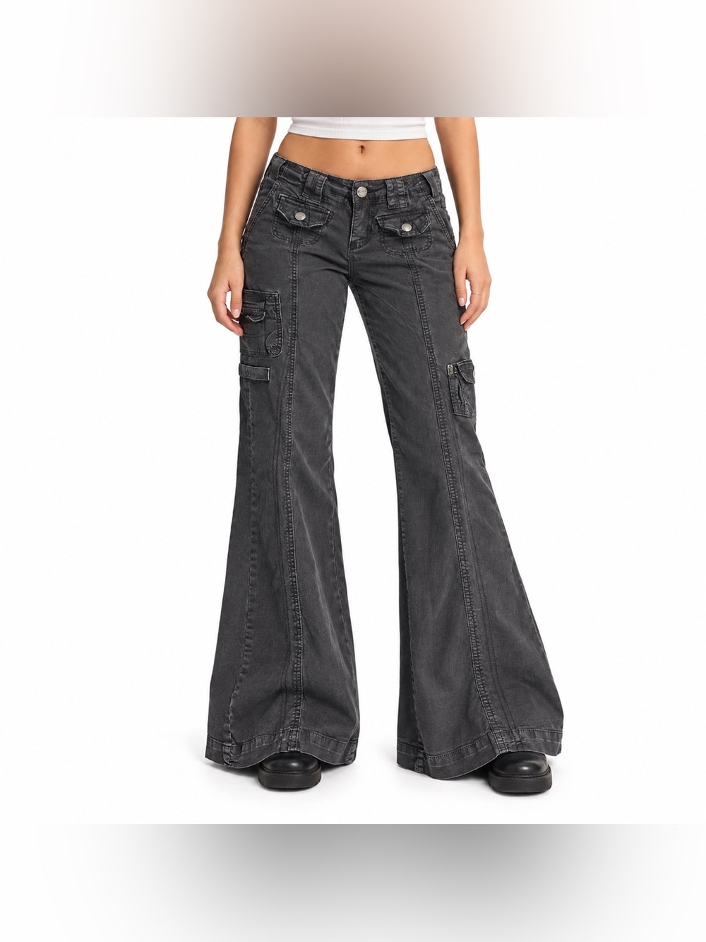 Garage Denim Washed Black Y2K Cargo Flare Bell Bottom Jeans Size 0